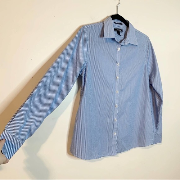 LANDS' END Blue & White Striped Button Down Shirt - Picture 2 of 8